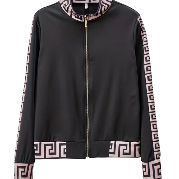 Casual Geo Print Two-piece Set, Long Sleeve Zip Up Top & Slant Pockets Pants - Picture 3 of 7